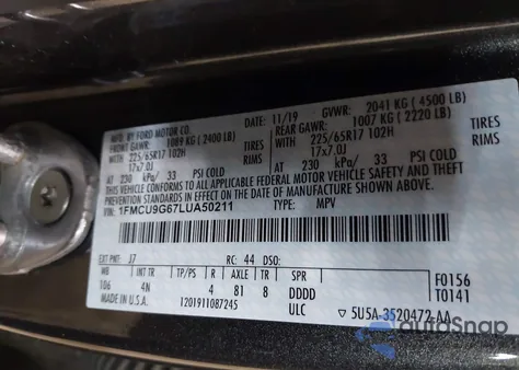 2020 Ford Escape Se из США, поврежденный, VIN 1FMCU9G67LUA50211